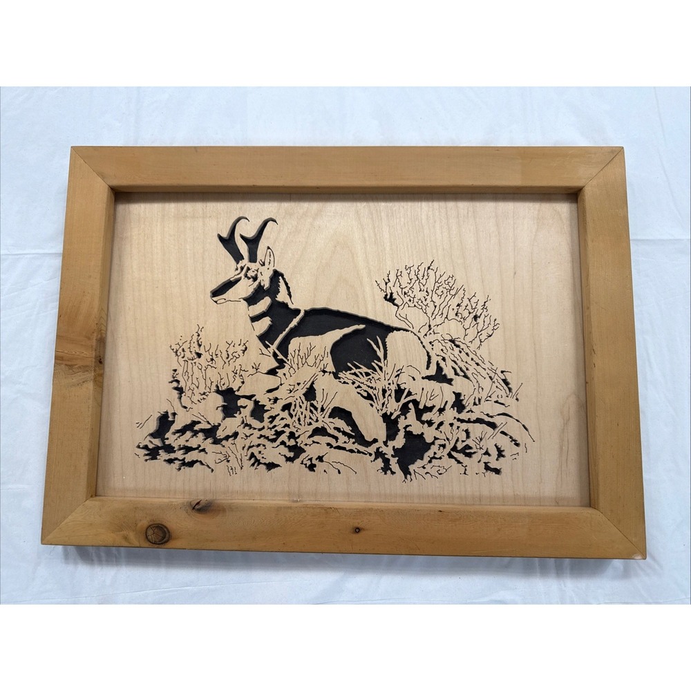 Wood Wall Art Scroll Saw Fretwork Framed horned Antelope silhouette 19x13.5"